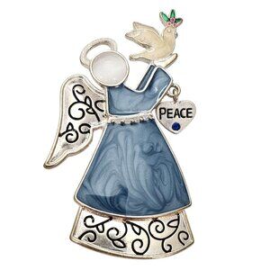 Kenneth Cole Blue Enamel Angel Dove Brooch Moonstone Glass Cab Pin, Signed